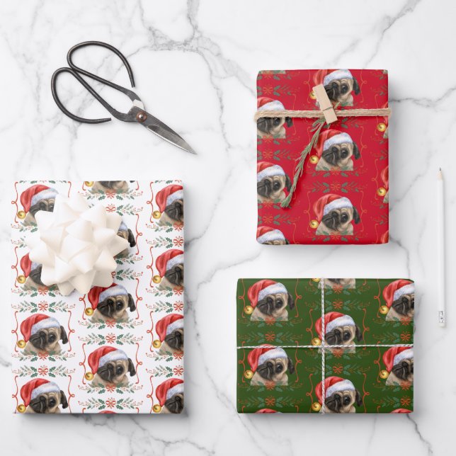 Christmas Pug Dog Pattern Wrapping Paper Sheet (Front)