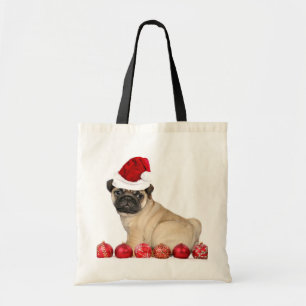 Christmas pug dog tote bag