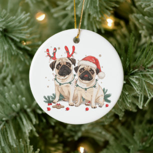 Christmas Pug Dogs Ceramic Tree Decoration