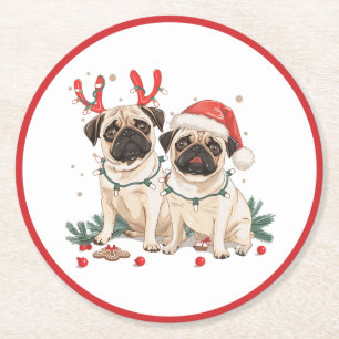 Christmas Pug Dogs Round Paper Coaster