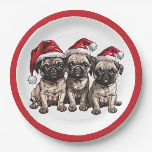 Christmas Pug Dogs Santa Paper Plate