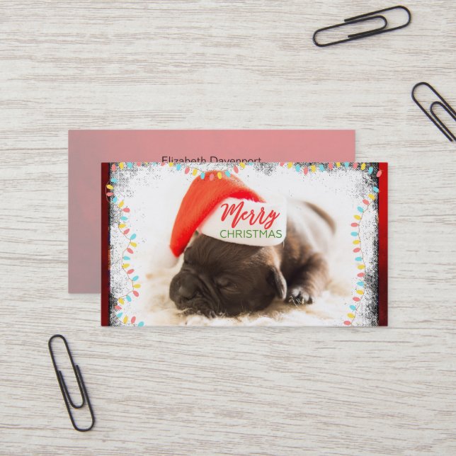 Christmas Pug in Santa Hat with Christmas Lights Business Card (Front/Back In Situ)