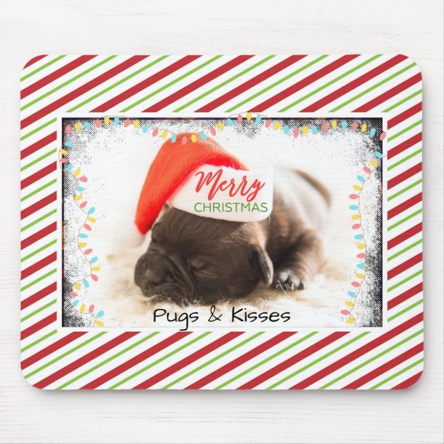 Christmas Pug in Santa Hat with Christmas Lights Mouse Mat (Front)