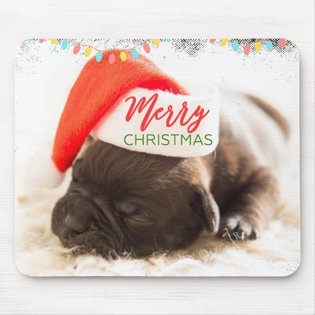 Christmas Pug in Santa Hat with Christmas Lights Mouse Mat (Front)