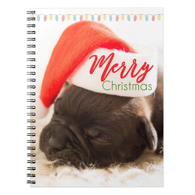 Christmas Pug in Santa Hat with Christmas Lights Notebook (Front)