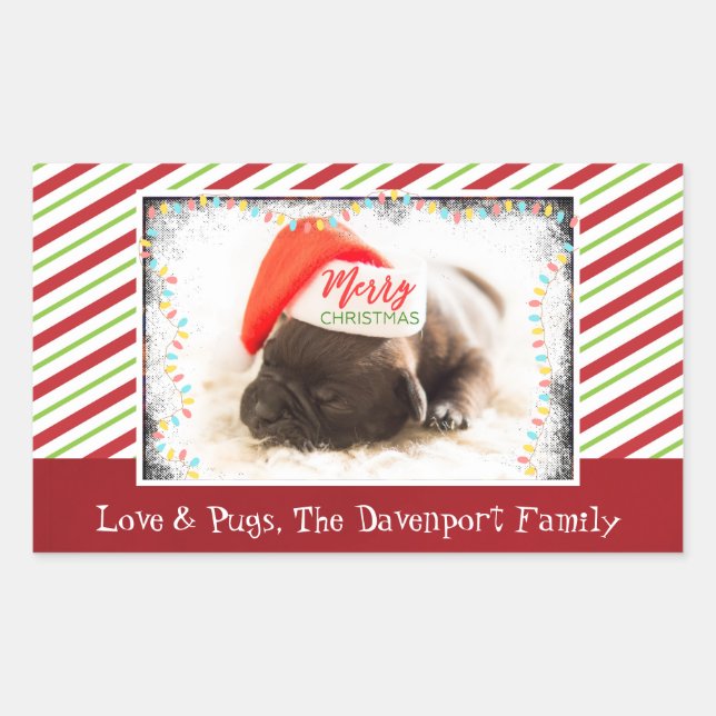 Christmas Pug in Santa Hat with Christmas Lights Rectangular Sticker (Front)