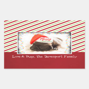 Christmas Pug in Santa Hat with Christmas Lights Rectangular Sticker