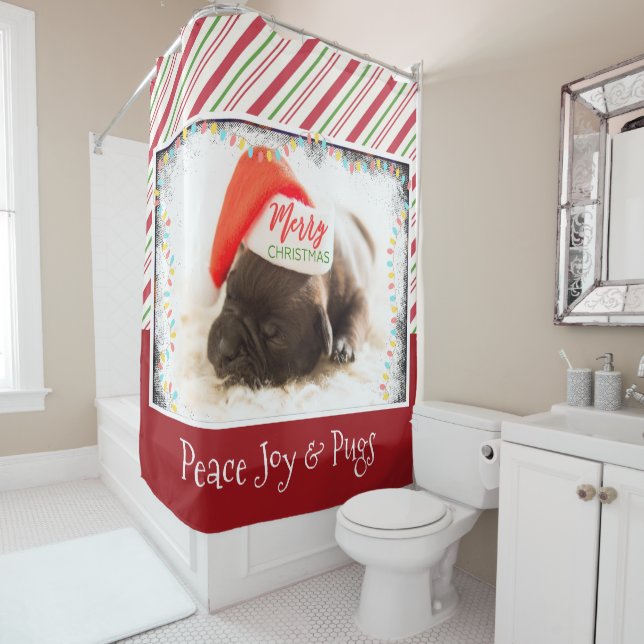 Christmas Pug in Santa Hat with Christmas Lights Shower Curtain (In Situ)