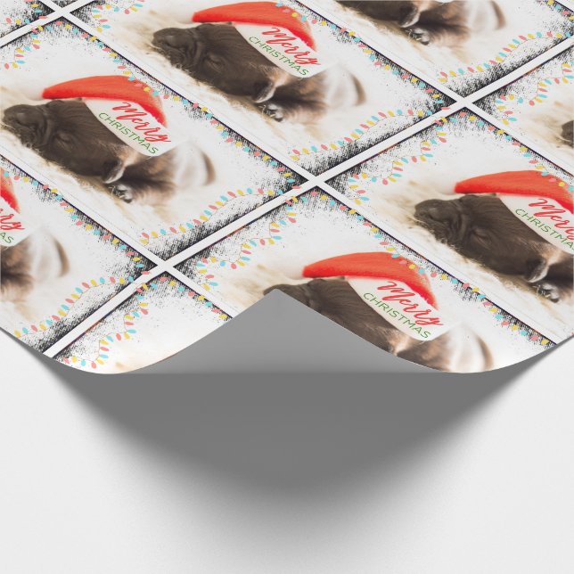 Christmas Pug in Santa Hat with Christmas Lights Wrapping Paper (Corner)