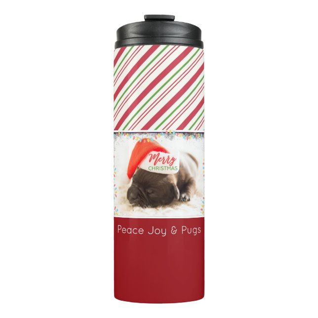 Christmas Pug in Santa Hat with Festive Lights Thermal Tumbler (Front)