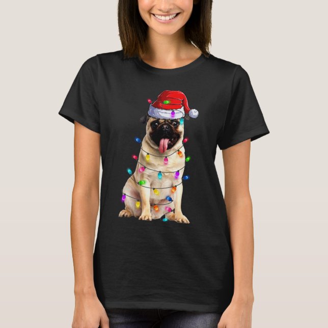 Christmas Pug lights Santa Hat Decorations T-Shirt (Front)