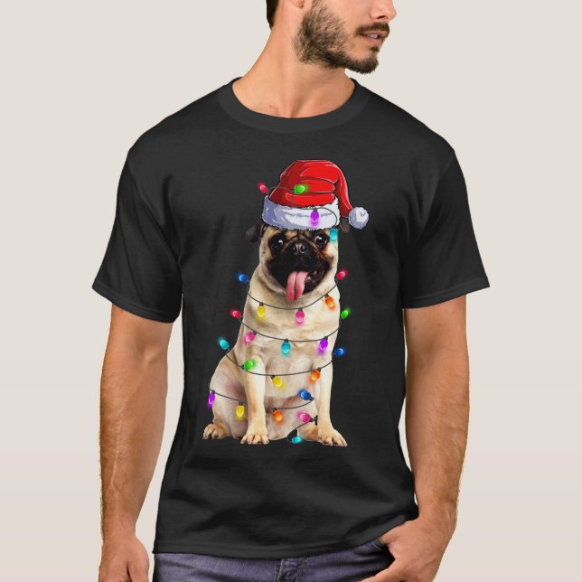 Christmas Pug lights Santa Hat Decorations T-Shirt (Front)