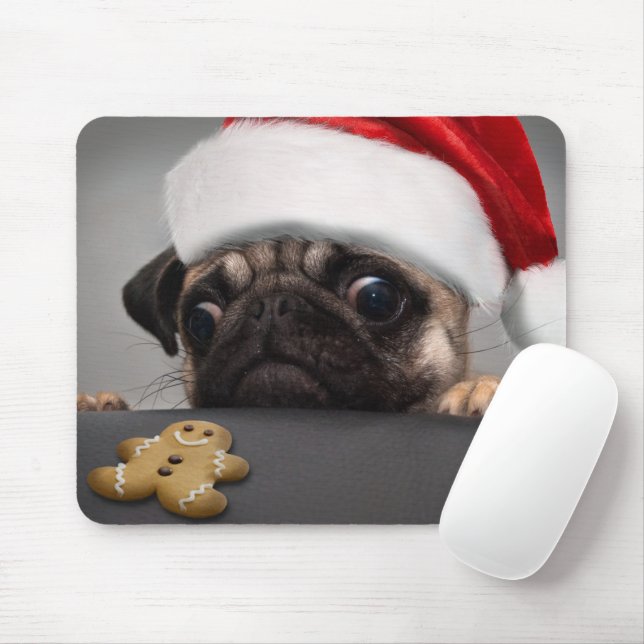 Christmas Pug Mouse Mat (With Mouse)