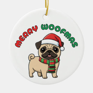 Christmas Pug Ornament: Merry Woofmas Ceramic Tree Decoration