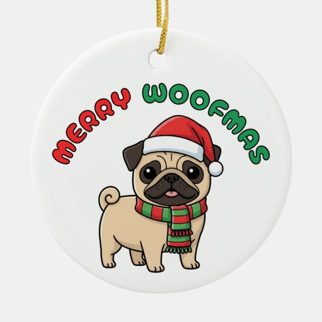 Christmas Pug Ornament: Merry Woofmas Ceramic Tree Decoration (Front)
