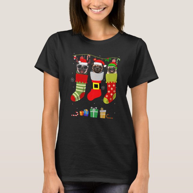 Christmas Pug Pajama Dog Socks Light Santa Elf Xma T-Shirt (Front)