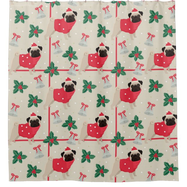 Christmas Pug Pattern Shower Curtain (Front)