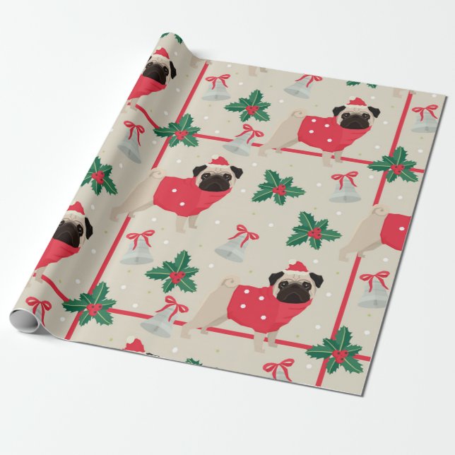 Christmas Pug Pattern Wrapping Paper (Unrolled)