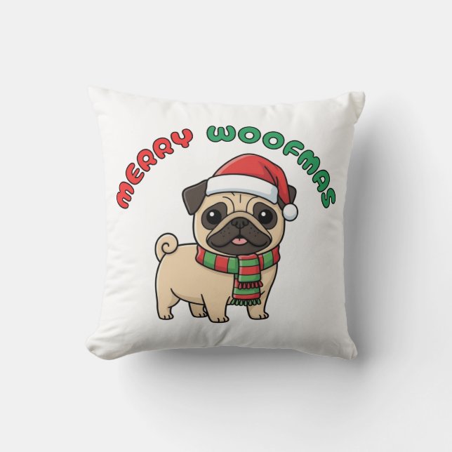 Christmas Pug Pillow: Merry Woofmas Cushion (Front)