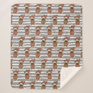 Christmas Pug Portrait Pattern Sherpa Blanket