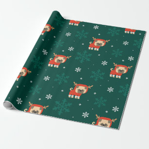 Christmas Pug Reindeer Pattern Wrapping Paper