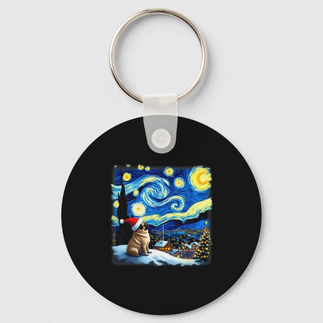 Christmas Pug Starry Night  Key Ring (Front)