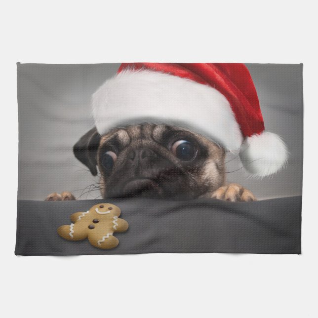 Christmas Pug Tea Towel (Horizontal)