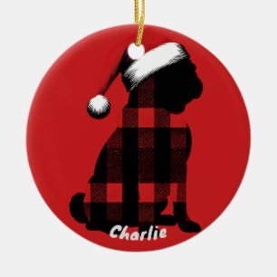 Christmas Pug Waring Plaid Shirt  Animal Lover Gif Ceramic Tree Decoration