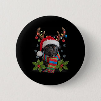 Christmas Pug With Antlers Santa Hat Cosy Scarf De 6 Cm Round Badge