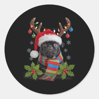 Christmas Pug With Antlers Santa Hat Cosy Scarf De Classic Round Sticker