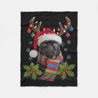 Christmas Pug With Antlers Santa Hat Cosy Scarf De Fleece Blanket