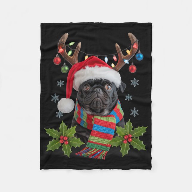Christmas Pug With Antlers Santa Hat Cosy Scarf De Fleece Blanket (Front)