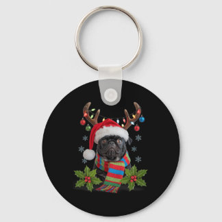 Christmas Pug With Antlers Santa Hat Cosy Scarf De Key Ring