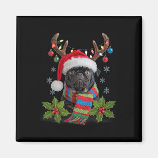 Christmas Pug With Antlers Santa Hat Cosy Scarf De Magnet