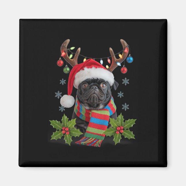 Christmas Pug With Antlers Santa Hat Cosy Scarf De Magnet (Front)