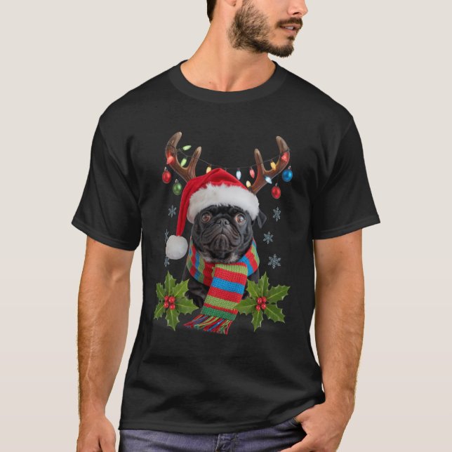 Christmas Pug With Antlers Santa Hat Cosy Scarf De T-Shirt (Front)