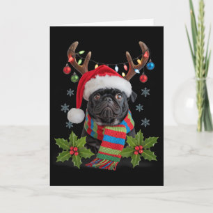 Christmas Pug With Antlers Santa Hat Cozy Scarf De Card