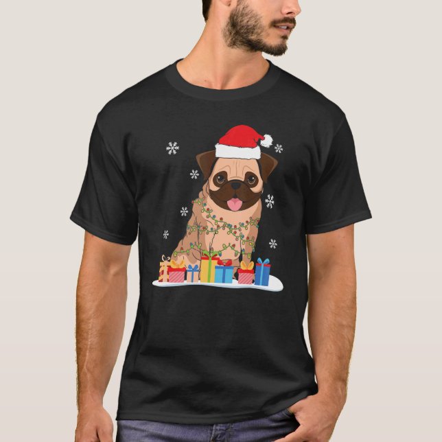 Christmas Pug With Christmas Tree Lights & Santa H T-Shirt (Front)