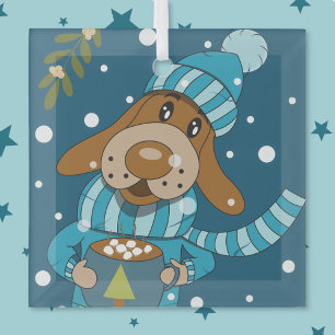 Christmas pup with hot cocoa glass ornament