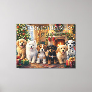 Christmas Puppies by Fireplace and Decorated Tree Canvas Print