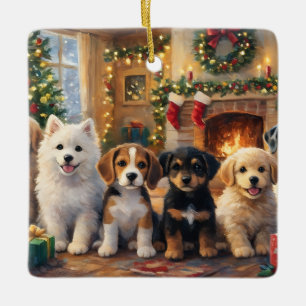 Christmas Puppies by Fireplace and Decorated Tree Ceramic Ornament