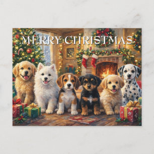 Christmas Puppies by Fireplace and Decorated Tree Holiday Postcard