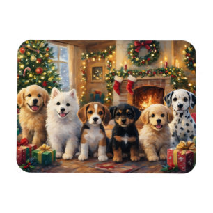Christmas Puppies by Fireplace and Decorated Tree Magnet