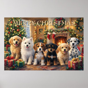 Christmas Puppies by Fireplace and Decorated Tree Poster