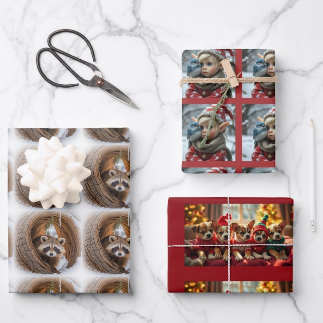 Christmas puppies, raccoon, Elf Wrapping Paper Sheet (Front)