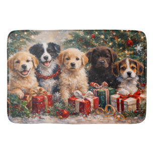 Christmas Puppies with Gifts Under Decorated Tree Bath Mat