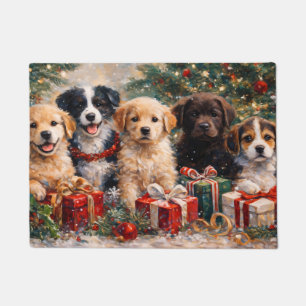 Christmas Puppies with Gifts Under Decorated Tree Doormat