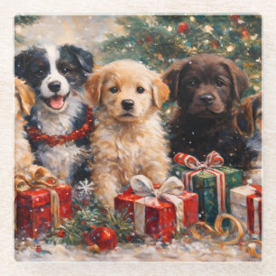 Christmas Puppies with Gifts Under Decorated Tree Glass Coaster