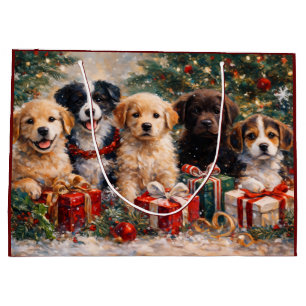 Christmas Puppies with Gifts Under Decorated Tree Large Gift Bag