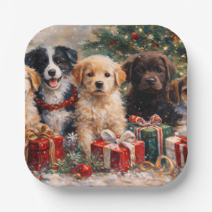 Christmas Puppies with Gifts Under Decorated Tree Paper Plate